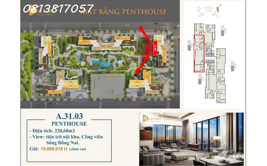 Penthouse Đẳng Cấp Thượng Lưu Masteri Central Point View Sông 220m2, 2 Tầng Chỉ 19 Tỷ